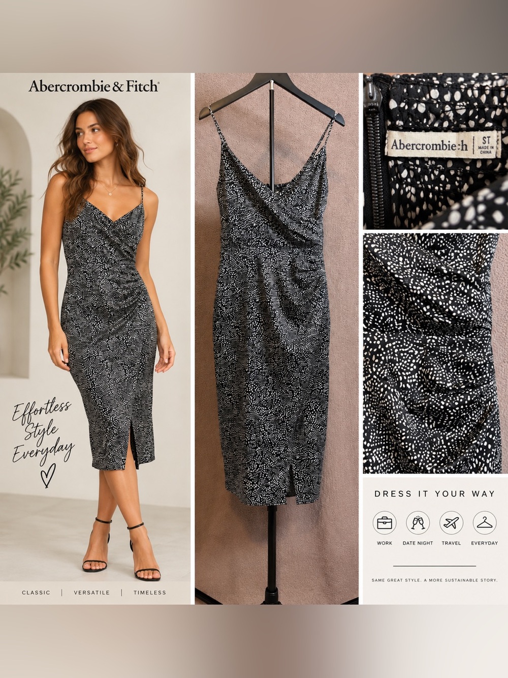 Abercrombie & Fitch Black White Print Cowl Neck Ruched Midi Dress Size S